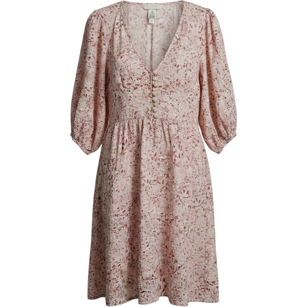 H&M Mini Tiered Boho Dress Womens XS Pink Floral Puff Sleeve V-Neck Cottagecore